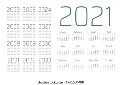 English Calendar Years 20212033 Week Starts Stock Vector (Royalty Free ...