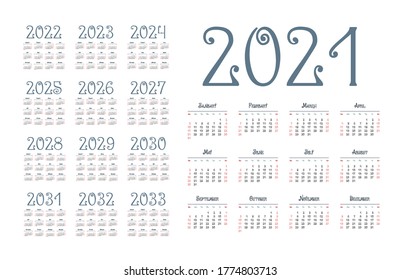 English calendar for years 2021-2033, week starts on Sunday
