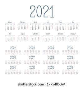 English calendar for years 2021-2033, week starts on Sunday
