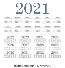 English calendar for years 2021-2033, week starts on Sunday
