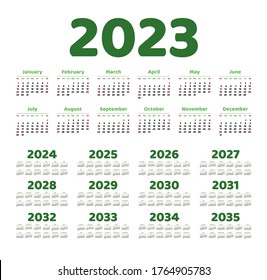 English calendar for years 2023-2035, week starts on Sunday
