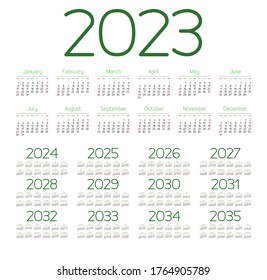 English calendar for years 2023-2035, week starts on Sunday
