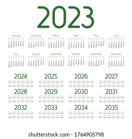 English calendar for years 2023-2035, week starts on Sunday