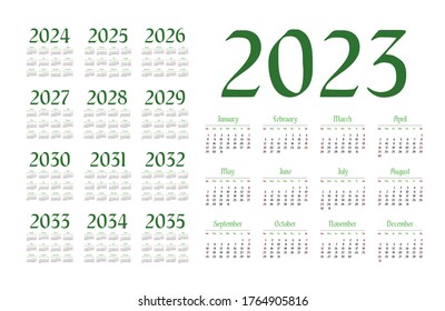 English calendar for years 2023-2035, week starts on Sunday