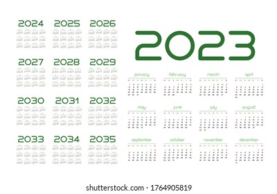 English calendar for years 2023-2035, week starts on Sunday