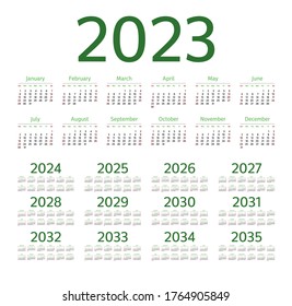 English calendar for years 2023-2035, week starts on Sunday