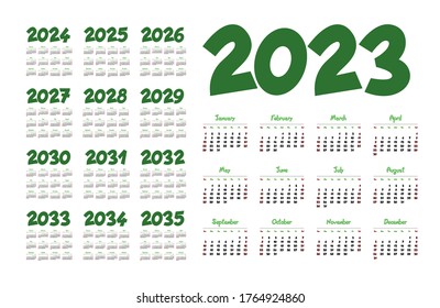 English calendar for years 2023-2035, week starts on Sunday