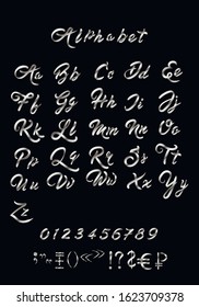 English, calligraphic , metal , silver alphabet . Uppercase and law case , symbols , numbers isolated on back background . Concept for print, logo, menu, cards 