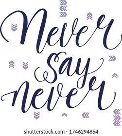 the English calligraphy phrase "Never say never". vector