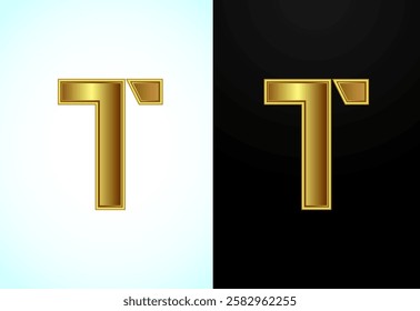 English capital letter T in gold color. Graphic alphabet symbol for corporate business identity