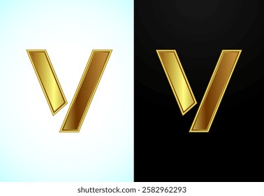 English capital letter V in gold color. Graphic alphabet symbol for corporate business identity