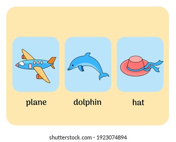 English cards with plane, dolphin and hat. Vector illustration