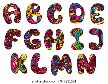 English Cartoon Alphabet In Mehndi Style. Vector Set.