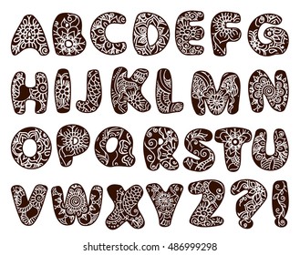 English Cartoon Alphabet In Mehndi Style. Ornamental Henna Font For Design