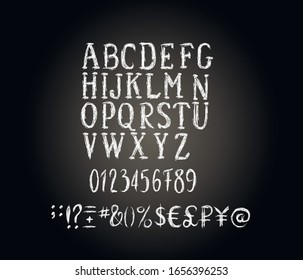 English chalk upper case alphabet , symbols, numbers on black background. Concept for menu, cards , invitation 