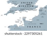 English Channel, gray political map. British Channel, arm of Atlantic Ocean, separates Southern England from northern France, link to North Sea by Strait of Dover. Busiest shipping area in the world.