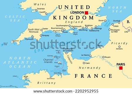 English Channel political map. Also British Channel. Arm of Atlantic Ocean separates Southern England from northern France and link to North Sea by Strait of Dover. Busiest shipping area in the world.