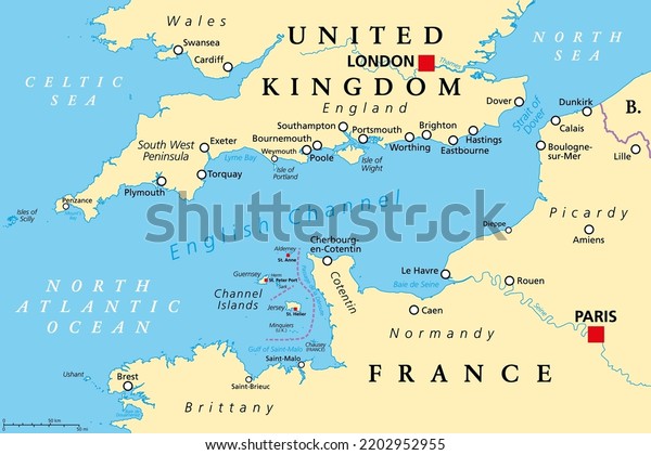 English Channel political map. Also British
Channel. Arm of Atlantic Ocean separates Southern England from
northern France and link to North Sea by Strait of Dover. Busiest
shipping area in the
world.