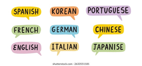 English, Chinese, German Learn new language. French, Italian, Spanish lettering doodle hand drawn text. Japanese, Portuguese, Korean speech bubble set. Vector illustration