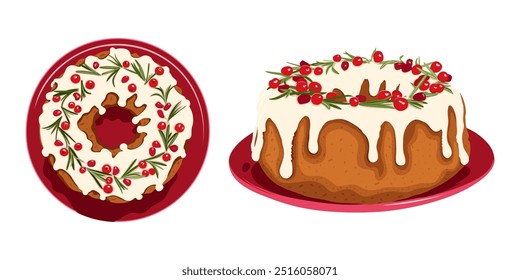 Inglês Christmas cake vetor illustration. Bolo castanho redondo isolado desenhado à mão Xmas com fruta de baga e creme de açúcar, decoração de glacê ou fonte, bolo de frutas na placa