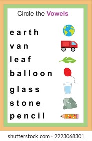 English circle the vowels worksheet for kids.  Find vowels from word and circle. Learn and practice vowels. educational task for the developing English learning, preschool worksheet activity.