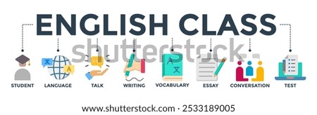 English class banner concept with icon of student, language, talk, writing, vocabulary, essay, conversation, test. Web icon vector illustration
