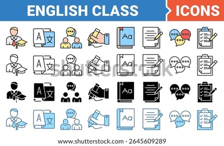 English class banner icon set with multiple style collection.