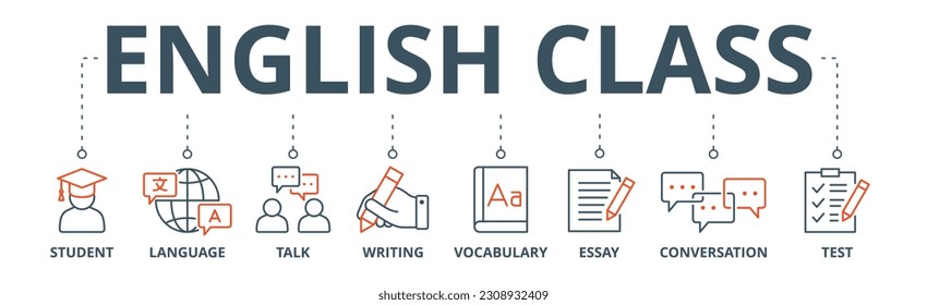 Banner de clase inglesa icono de la web concepto de ilustración vectorial con icono de estudiante, idioma, charla, escritura, vocabulario, ensayo, conversación, prueba