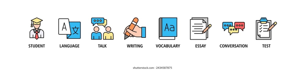 English class banner web icon set vector illustration concept with icon of student, language, talk, writing, vocabulary, essay, conversation, test