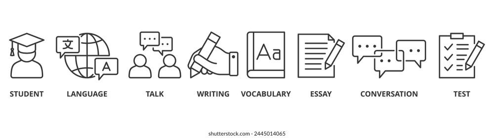 English class banner web icon vector illustration concept with icon of student, language, talk, writing, vocabulary, essay, conversation, test