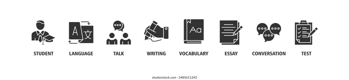 English class banner web icon set vector illustration symbol concept with icon of student, language, talk, writing, vocabulary, essay, conversation, test