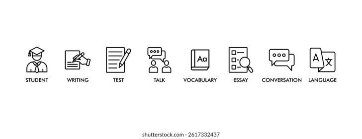 English class banner web icon set vector illustration symbol concept with icon of student, language, talk, writing, vocabulary, essay, conversation, test