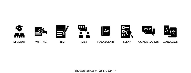 English class banner web icon set vector illustration symbol concept with icon of student, language, talk, writing, vocabulary, essay, conversation, test