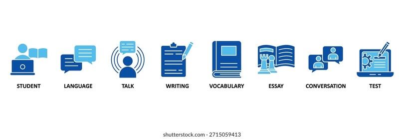 Conjunto de iconos de Web de Anuncio de clase de inglés En estilo azul Ilustración vectorial foricon de estudiante, idioma, conversación, escritura, vocabulario, ensayo, conversación, prueba