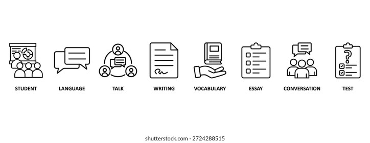 Concepto de Ilustración vectorial del icono del Web de la clase inglesa con el icono del estudiante, lengua, charla, escritura, vocabulario, ensayo, Anuncio, prueba