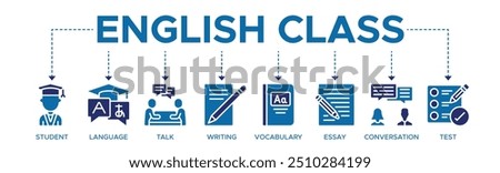 English class banner web icon vector illustration concept with the icon of a student, language, talk, writing, vocabulary, essay, conversation, test