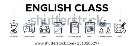 English class banner web icon vector illustration concept with the icon of a student, language, talk, writing, vocabulary, essay, conversation, test