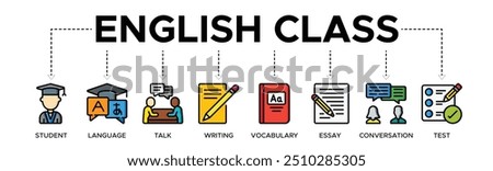 English class banner web icon vector illustration concept with the icon of a student, language, talk, writing, vocabulary, essay, conversation, test