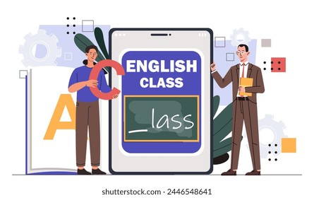 Concepto de clase de inglés. Educación y aprendizaje a distancia. Lenguas extranjeras estudiando. Entrenamiento remoto. Estudiantes con cartas. Ilustración vectorial plana de dibujos animados aislada sobre fondo blanco