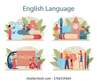English class concept set. Study foreign languages in school or university. Idea of global communication. Studying foreign vocabulary. Flat vector illustration