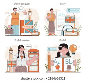 English class concept set. Study foreign languages in school or university. Idea of global communication. Studying foreign vocabulary and grammar. Flat vector illustration
