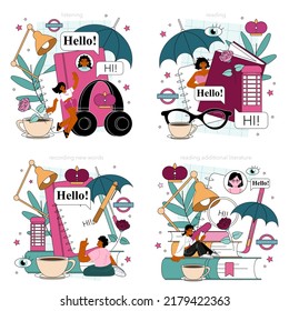 Conjunto de conceptos de clase inglesa. Estudiar idiomas extranjeros en la escuela o universidad. Idea de comunicación global. Estudiar vocabulario y gramática extranjeros. Ilustración vectorial plana