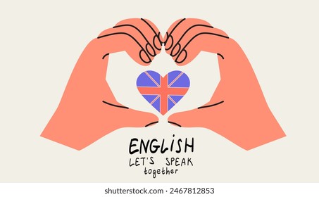 Concepto de clase de inglés. Estudiar idiomas extranjeros en la escuela o universidad. Cursos de idiomas, club, lección, webinar línea de moda dibujada a mano Ilustración vectorial para anuncios o publicaciones en redes sociales, Web, carteles.