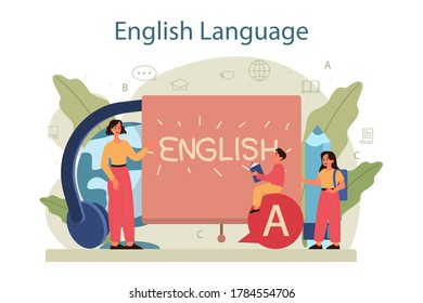 English class concept. Study foreign languages in school or university. Idea of global communication. Studying foreign vocabulary. Flat vector illustration