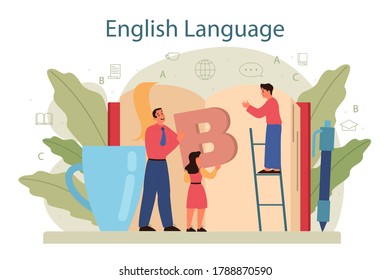 Concepto de clase inglesa. Estudiar idiomas extranjeros en la escuela o universidad. Idea de comunicación global. Estudiando vocabulario extranjero. Ilustración vectorial plana