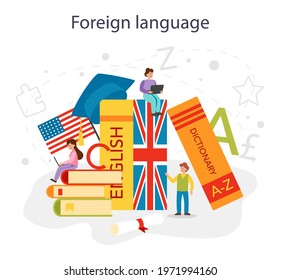 English class concept. Study foreign languages in school or university. Idea of global communication. Studying foreign vocabulary. Flat vector illustration