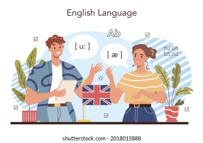 English class concept. Study foreign languages in school or university. Idea of global communication. Studying foreign vocabulary and grammar. Flat vector illustration