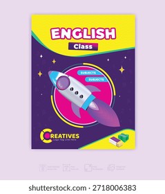 Cartaz educacional de classe inglesa com tema de foguete espacial