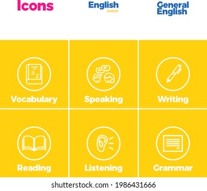 English Class Icon Set. Reading, Speaking, Writing, Listening, Grammar, Vocabulary Icons. Download It Now