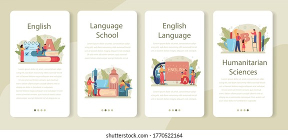 English class mobile application banner set. Study foreign languages in school or university. Idea of global communication. Studying foreign vocabulary. Flat vector illustration